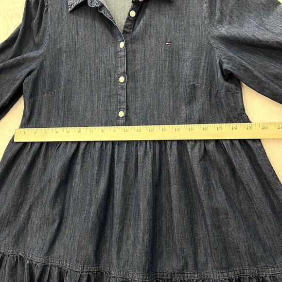 TOMMY HILFIGER Chambray Shirt Dress Tiered Dark Denim Navy Blue Popover Size 8 - Picture 11 of 14
